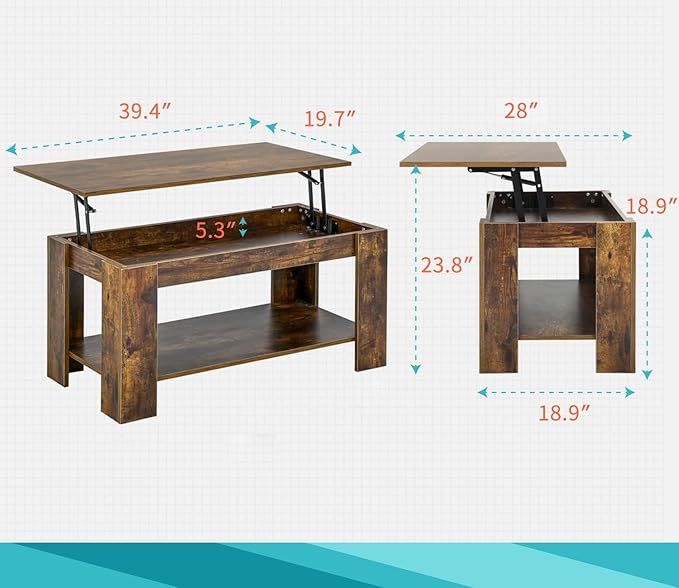 FDW Lift Top Coffee Table with Hidden Compartment and Storage Shelf Wooden Lift Tabletop for Home Living Room Reception Room Office,39.4",Brown