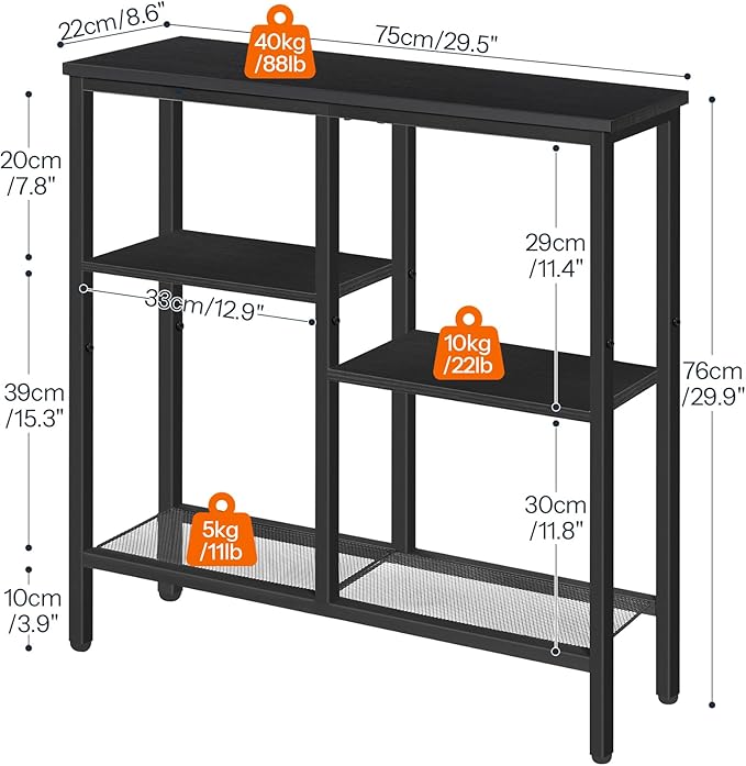 HOOBRO Narrow Console Table, Sofa Table, 4-Tier Industrial Hallway Table with Metal Mesh Shelf, Entryway Table with Adjustable Feet, for Entryway, Living Room, Hallway, Black BB79XG01