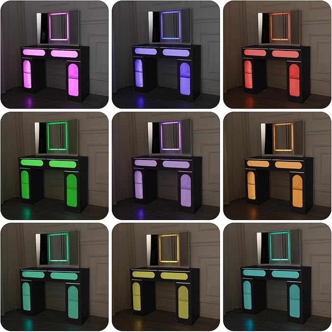 Vanity Desk with Tri-Fold Mirror and Lights, LED Makeup Vanity with 2 Drawers, 2 Doors Storage, Gifts for Girls/Women (Black)