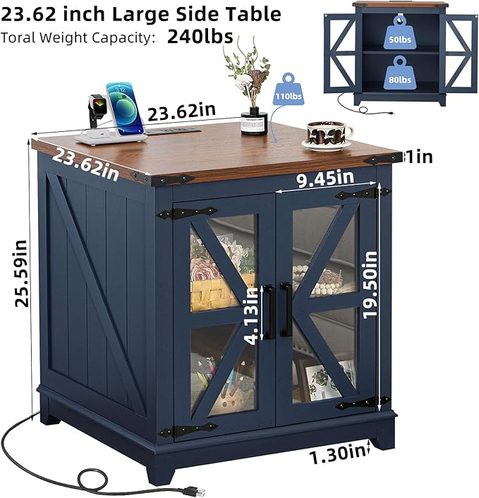 Farmhouse Coffee Table Sets 3 Pieces, Large End Side Tables with Charging Station and Coffee Table with Hidden Storage Compartment, Blue Living Room Table Set, Wood Furniture Sets for Home Office
