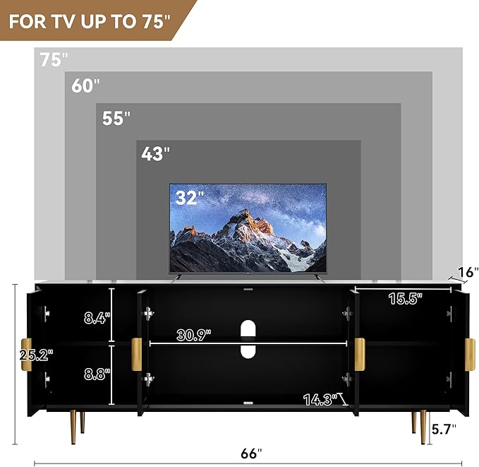 ARTPOWER Modern TV Stand for 70 inch TV, Black TV Console with 4 Glass Doors, Entertainment Center with Storage Cabinet, Wood Media Cabinet with Gold Leg, 65” TV Stands for Living Room