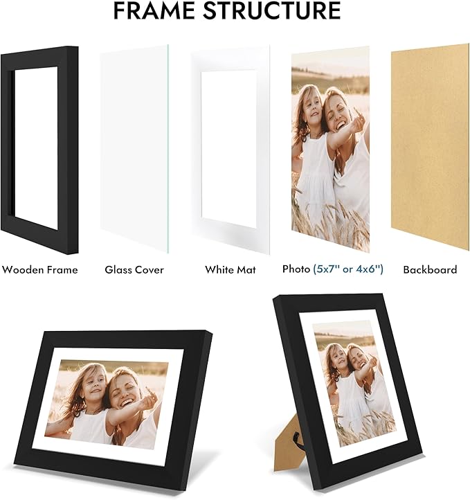 5x7 Picture Frame with Glass, Display Pictures 4x6 with Mat or 5 x 7 without Mat - Wall and Tabletop, 5 by 7 Photo Wooden Frames (Black, 1 Pack)