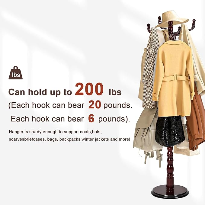 Coat Racks Freestanding, Natural Wood Coat Stands with 14 Hooks, 73" Heavy Duty Adjustable Height Vintage Hall Tree for Entryway, Bedroom, Office, Easy Assembly (Rosewood)