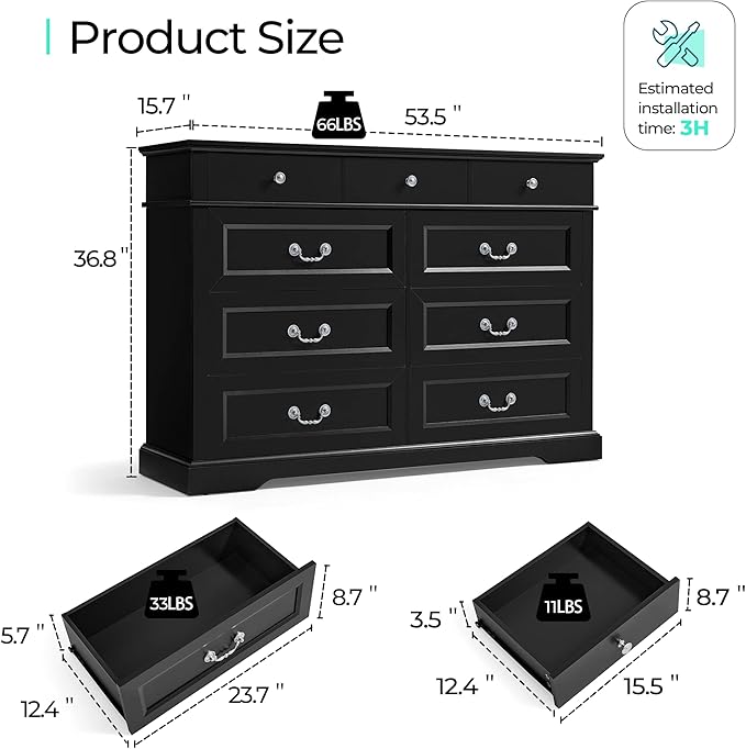 LINSY HOME Farmhouse Dresser for Bedroom, 9 Drawer Bedroom Dresser with Antique Handles, Wood Chest of Drawers for Nursery, Living Room, Entryway and Hallway, Black