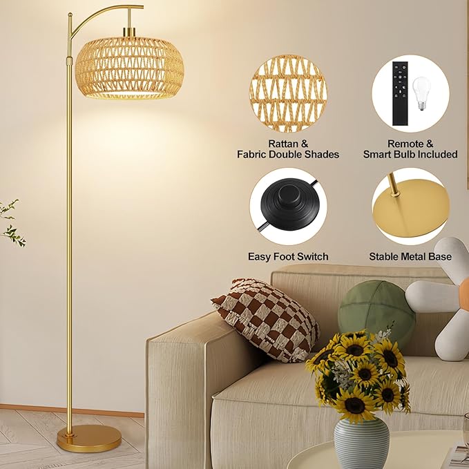 Gold Floor Lamps for Living Room Rattan Boho Floor Lamp with Remote Control,Arc Floor Lamp Wicker Lamp Shades Dimmable Standing Lamp with 3 Color Temperature Tall Floor Lamps For Bedroom Corner