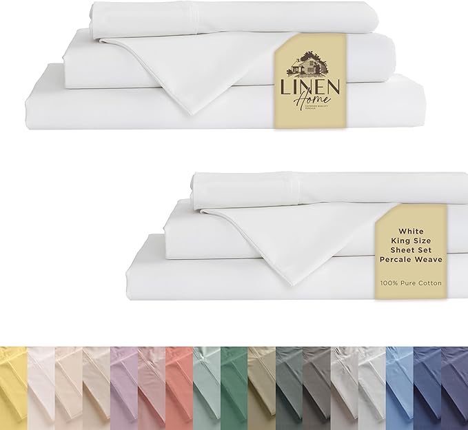 Linen Home 100% Cotton Percale Sheet Set Pack of 2, King Size, White, Deep Pocket, 8 Pieces Set - 2 Flat, 2 Deep Pocket Fitted Sheet and 4 Pillowcases, Crisp Cool and Strong Bed Linen