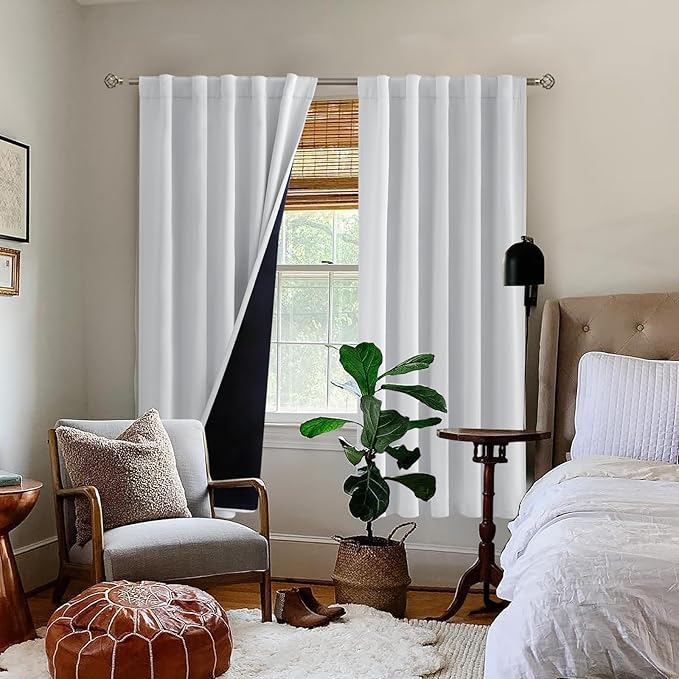 BGment Greyish White 100% Blackout Curtains 72 Inches Long with Noise-reducing Liner, Rod Pocket and Back Tab Double Layer Room Darkening Window Curtains for Bedroom, 2 Panels, Each 42 x 72 Inch