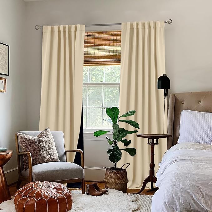 BGment Natural Full Blackout Curtains with Thermal Insulation Liner Curtains 108 Inches Long, Rod Pocket and Back Tab Double Layer Room Darkening Window Curtain for Bedroom(52 x 108 Inch, 2 Panels)