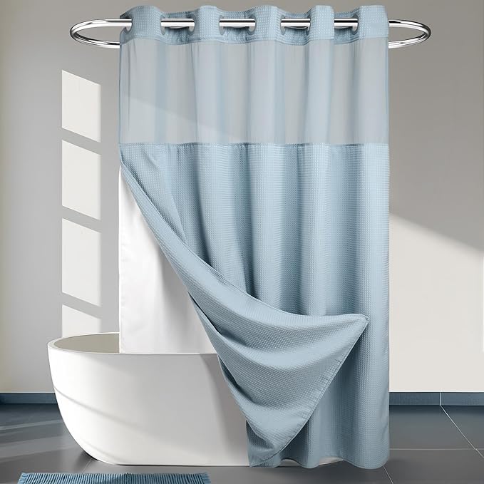 River Dream Heavyweight No Hooks Required Dotted Waffle Weave Shower Curtain with Snap in Liner - 71W x 74H,Hotel Grade,Spa Like Bath Curtain,Blue
