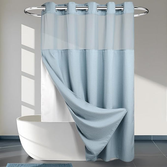 River Dream Heavyweight No Hooks Required Dotted Waffle Weave Shower Curtain with Snap in Liner - 71W x 74H,Hotel Grade,Spa Like Bath Curtain,Blue