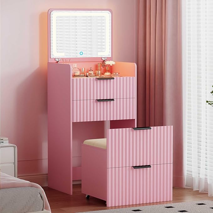 LED Fluted Compact Vanity Desk with Flip Top Mirror, 3 in 1 Small Makeup Table with Glass Desktop, Storage Compartment and Cushioned Stool with Wheels,3 Drawers, for Girl Bedroom Pink