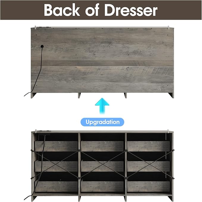 Fameill Dresser for Bedroom, 9 Drawer Wide Dresser Organizer with Charging Station, Tall Dresser for Hallway, Wood Dresser with Metal Handles, Ash Grey