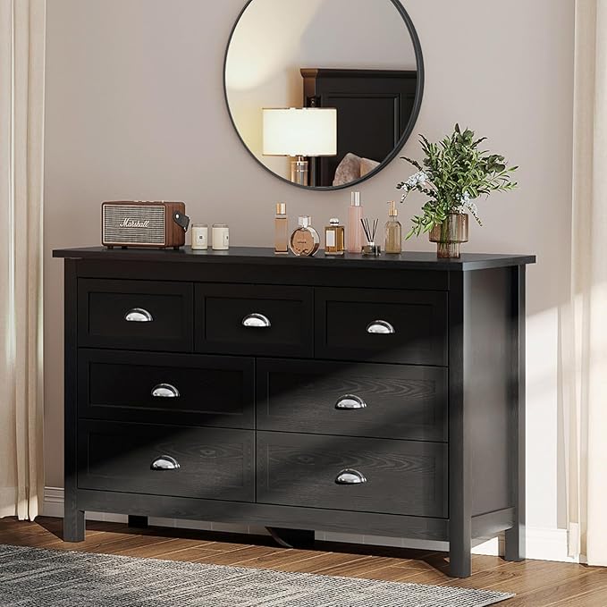 7 Drawer Dresser, Farmhouse Dresser for Bedroom, Antique Black Chest of Drawers, Modern Double Dressers for Bedroom, Closet