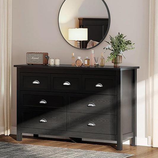 7 Drawer Dresser, Farmhouse Dresser for Bedroom, Antique Black Chest of Drawers, Modern Double Dressers for Bedroom, Closet