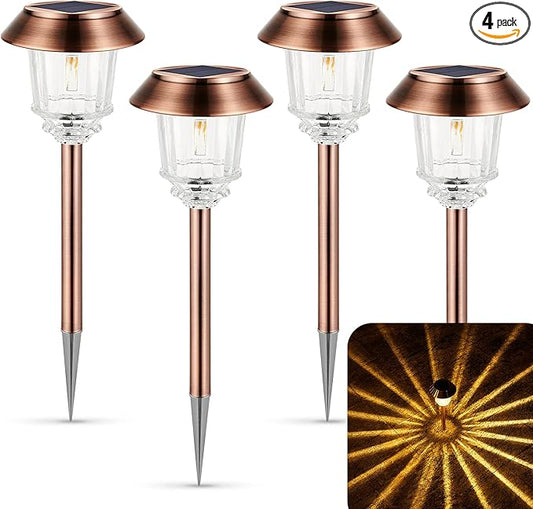 XMCOSY+ Solar Lights Outdoor Waterproof, 4 Pack Solar Lights for Outside, 10-40 LM Dimmable LED Glass Outdoor Solar Lights for Yard Pathway Garden Lawn Driveway Walkway (Warm White)
