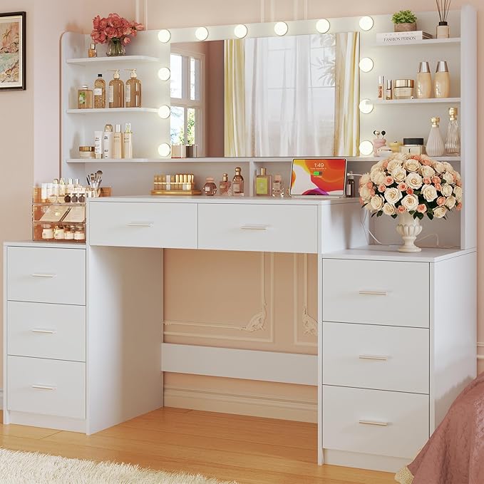 Large Vanity Desk with Mirror & Lights, White Makeup Vanity with 8 Drawers & 6 Storage Shelves, Vanity Set with LED Lights and Power Outlet, 3 Lighting Modes, Adjustable Brightness