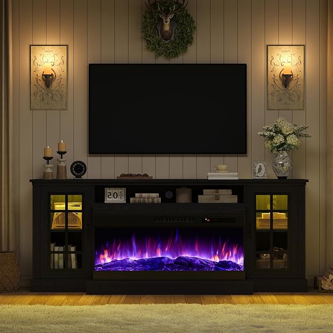 AMERLIFE 75in 3-Sided Glass Fireplace TV Stand with LED Lights for TVs up to 85", Rustic Fireplace Media Entertainment Center Console Cabinet Table with Glass Door Closed Storage, Black
