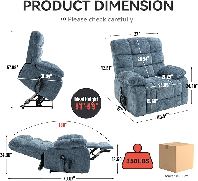 Luxlen Power Lift Recliner Chair for Elderly, Heat Massage Recliners, Dual Motor Oversized Lift Chair, Medium-Firm Electric Lift Recliners with Remote - Greyish Blue