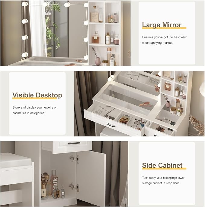 Vabches Vanity Desk Set with Lights and Mirror,White Makeup Desk with 3 Drawers & Storage Cabinet & Shelves,Glass Top Vanity Table Set with 10 Bulbs,3 Lighting Modes Adjustable Brightness