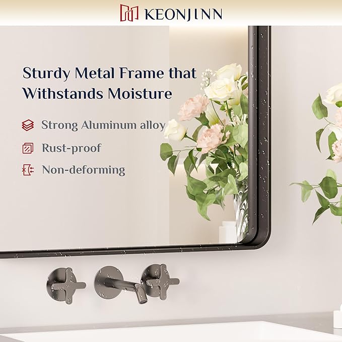 Keonjinn Black Bathroom Mirror for Over Sink, 48” x 36” Large Matte Black Mirrors for Wall, Rounded Rectangle Farmhouse Vanity Mirror, HD Tempered Glass Modern Decorative Mirror(Horizontal/Vertical)