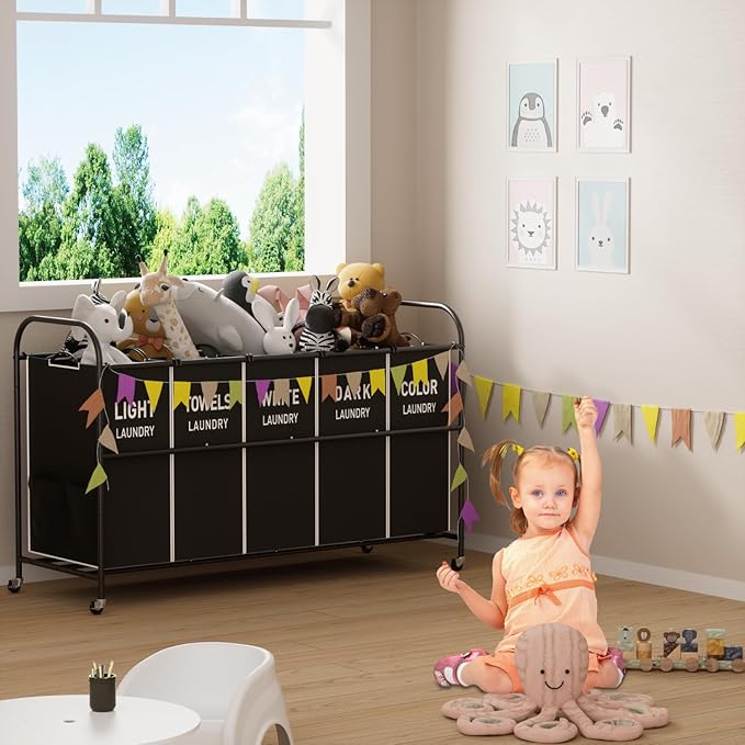 5-Section Laundry Sorter Cart, Large Laundry Hamper with Lockable Rolling Wheels, Versatile Storage Organizer with Removable Bags for Dirty Clothes, Black