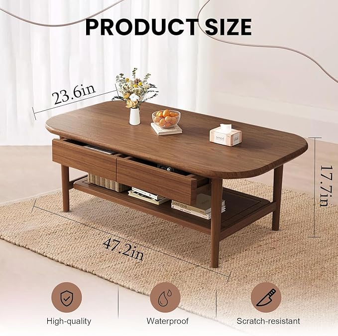 Solid Wood Coffee Table with Drawers, Real Oak Wood Table with Storage,47.2" Mid Century Modern Coffee Table for Living Room Unique Farmhouse Style