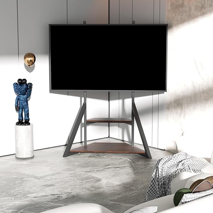 UNHO Mobile Television Stands with Wheels for 43 50 55 65 70 75 inch TVs, LCD/LED Flat Curved Screen TV Floor Stand with Wood Shelf, Art Modern Design for Living Room, Max VESA 600x400mm, Up to 176lbs