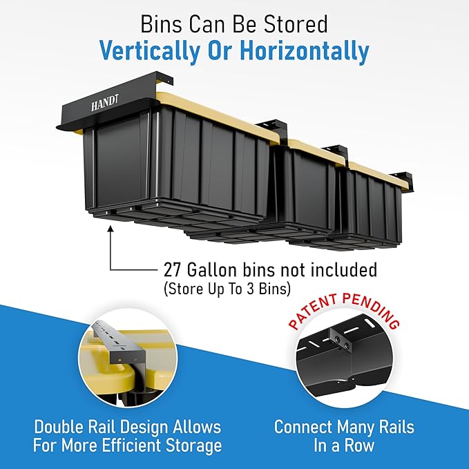 HANDT Overhead Garage Storage Rack, Connectable Heavy Duty Metal Ceiling Rails For Garage Storage Organization Shelving System, Hanging Racks For Tote Containers, Supports Up To 3 Bins, 2 Sets Black