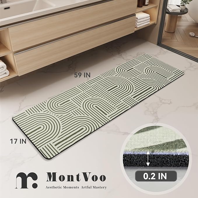 MontVoo -Bath Mat-Non Slip Thin Bathroom Rugs Fit Under Door- Quick Dry Absorbent Faux Suede Surface Grey Bathroom Floor Mats-Shower Rug for in Front of Bathtub Shower Ivory & Green Arched 17x59