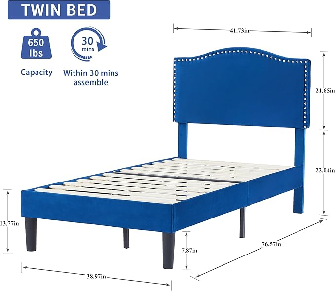 VECELO Twin Bed Frame Platform Bed Frame with Upholstered Headboard, Strong Frame and Heavy-Duty Slats Support, Non-Slip and Noise-Free, Easy Assembly,Dark Blue