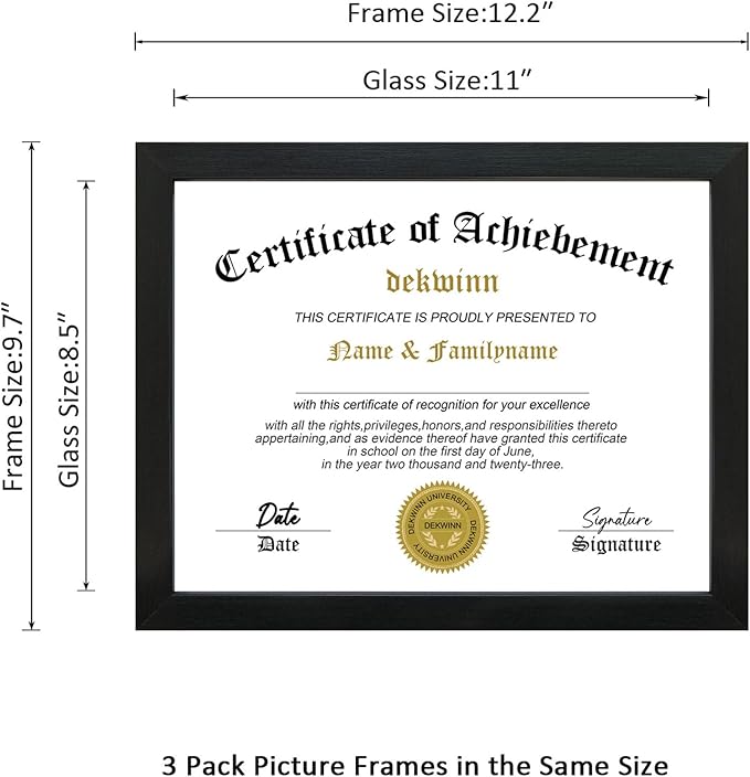 8.5x11 Diploma Frame Certificate Document Frame Set of 3 with High Definition Glass,Picture Frame for Wall and Tabletop Display in Black