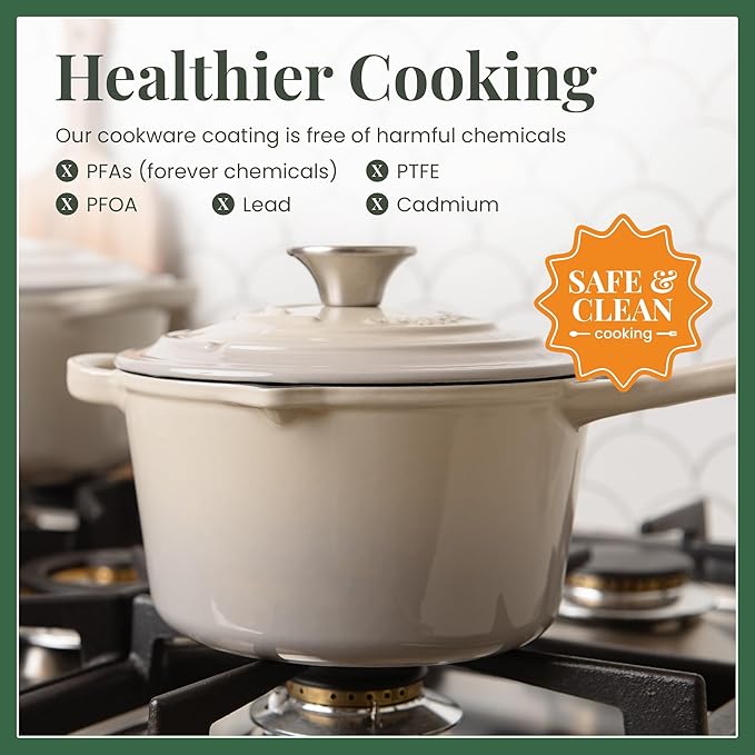 Larder & Vine Enameled Cast Iron Saucepan | 2.2 qt Sauce Pan with Lid | Saucepan with Pour Spouts | Enameled Cast Iron Pot Compatible on All Cooktops & Oven Safe to 500° F | Stone