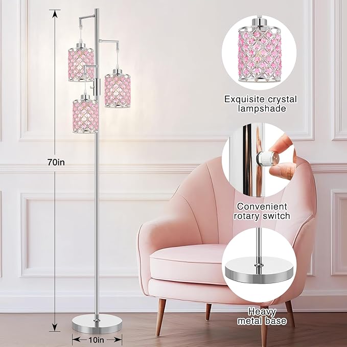 Pink Crystal Floor Lamp, 3-Light Standing Tall Lamp with Sparkling K9 Crystal Shade, Rotary Switch, Easy Assemble Lamps for Living Room, Bedroom, Home Office, Girls Room