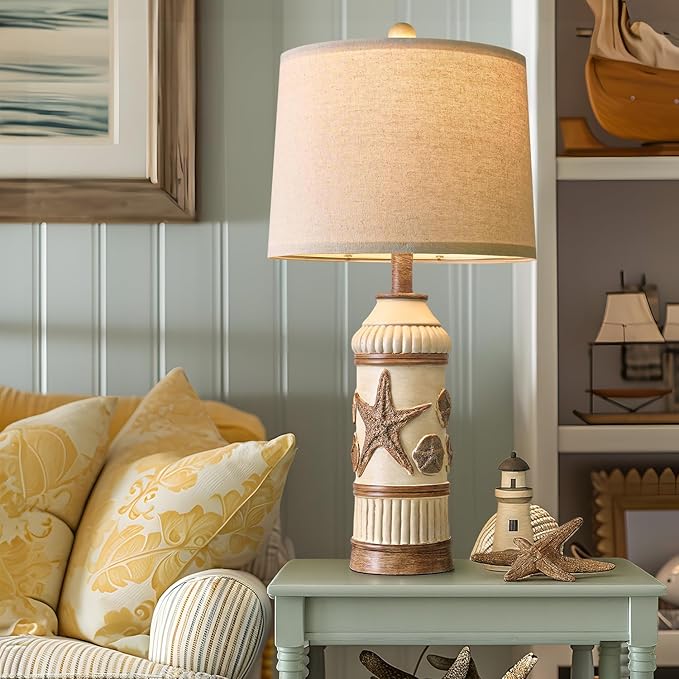 OYEARS 24" Table Lamps Set of 2,Boho Table Lamps for Living Room,Bedside Lamp for Nightstands,Coastal Nautical Lamp with Starfish Conch Pattern for Decor, End Table, Vintage Retro Beach, Off White