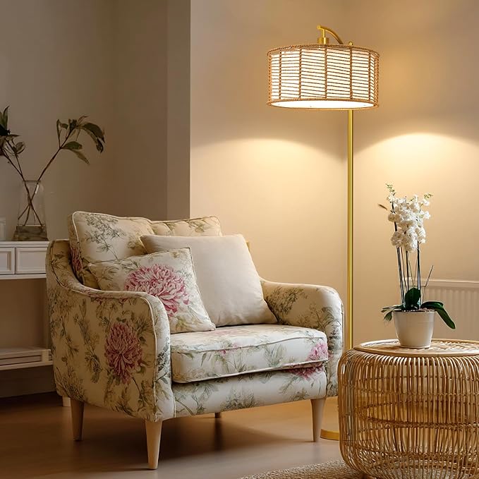 Oneach 62.5" Arc Floor Lamp for Living Room, Rattan Boho Floor Lamp with Gold Metal Base, Double Shades, Farmhouse Rustic Modern Standing Lamp for Bedroom Office Corner