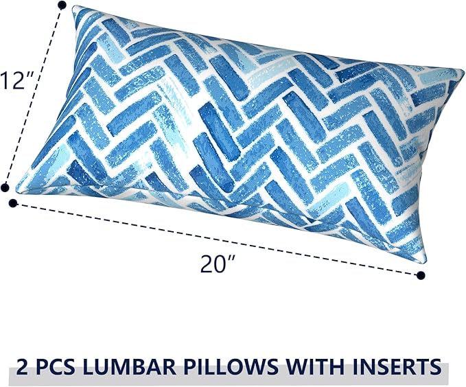 Outdoor Lumbar Pillows 12x20 inch, Rectangle Throw Pillows with Inserts, Decorative Lumbar Cushions for Patio Furniture Garden Couch Home Sofa Office Chair, Pack of 2, Blue Bricks