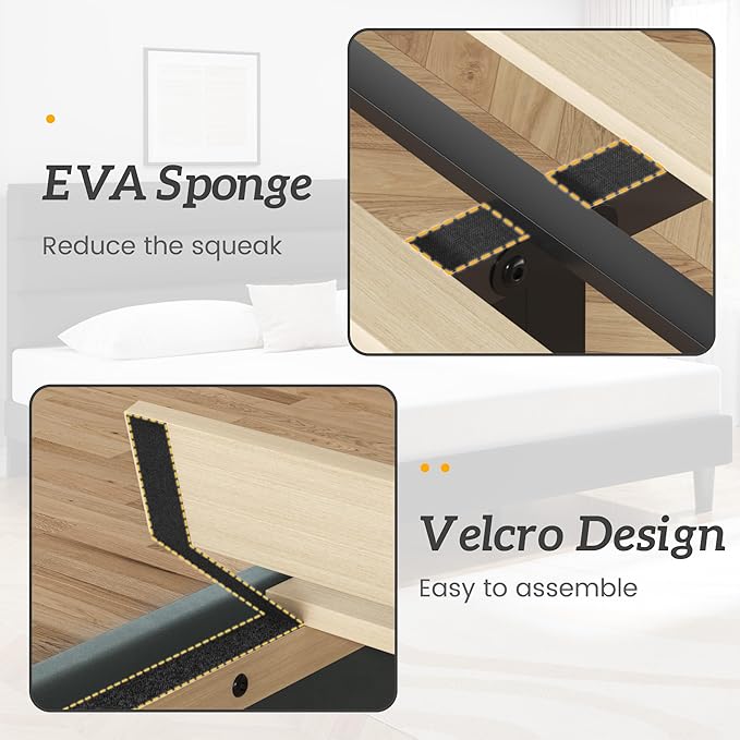 Full Bed Frame, Platform Bed Frame with Velvet Upholstered Headboard, No Box Spring Needed, Sturdy Metal Support, Noise Free, Easy Assembly, Modern Bedroom Furniture, Grey