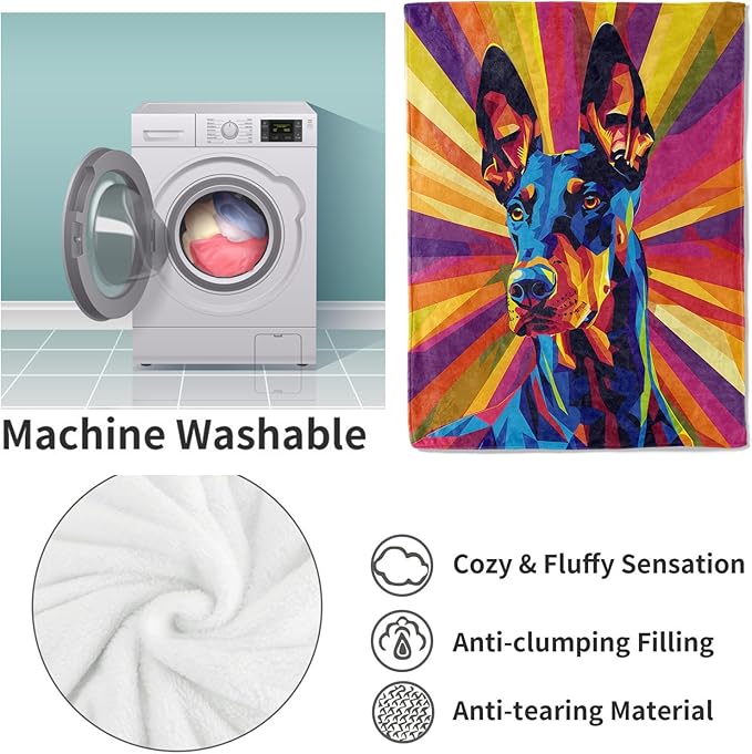 Colorful Doberman Flannel Blanket, Doberman Gifts, Dog-Themed Blanket for Women, Soft Lightweight Throw Blankets for Bed Home Travel Decor 40" x 50"