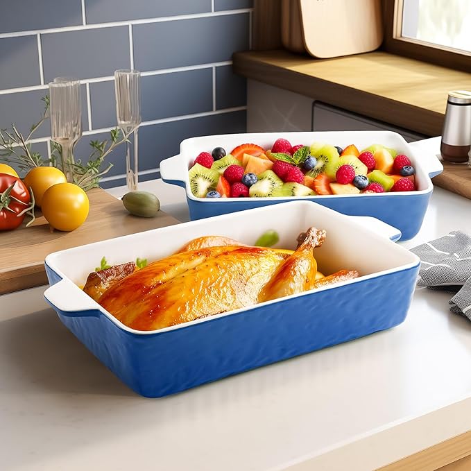 Casserole Dishes for Oven, Ceramic Baking Dishes, Lasagna Pan with Handles, Porcelain Baking Pan Deep, Bakeware for Baking, Cooking, Wedding Gift, Set of 3 (11.6" x 7.8", Dark Blue)