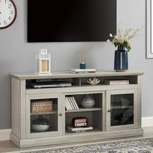 HMFULE 60" Farmhouse TV Stand for 60 65 Inch Television, Entertainment Center with 2 Storage Cabinets Glass Doors & Adjustable Shelves, Rustic Media Console Furniture for Living Room (Stone Gray)