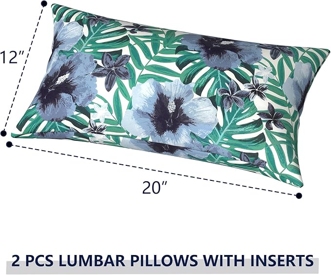 Outdoor Lumbar Pillows 12x20 inch, Rectangle Throw Pillows with Inserts, Decorative Lumbar Cushions for Patio Furniture Garden Couch Home Sofa Office Chair, Pack of 2,Blue Salmone Tropical