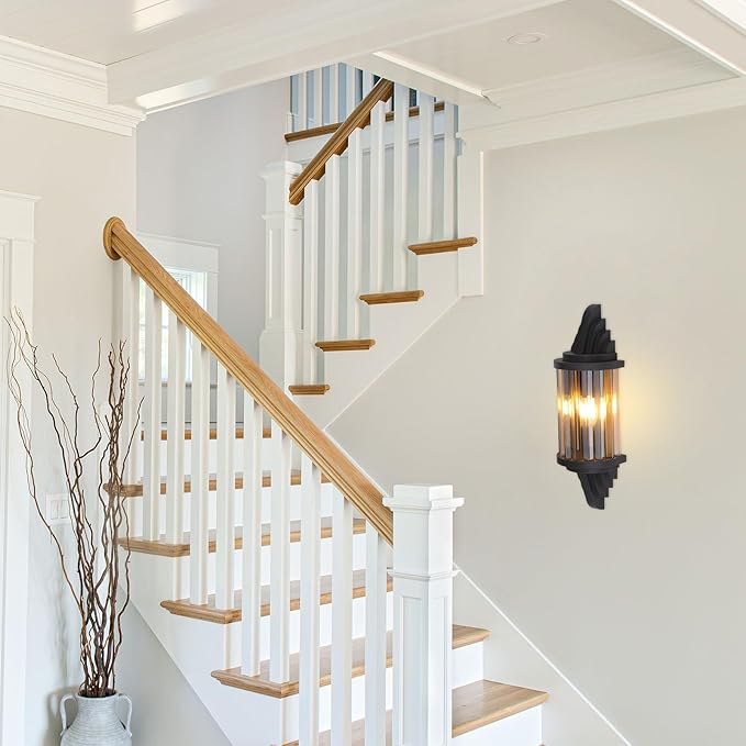 Rustic Black Wall Sconce with Amber Glass Vintage 2-Lights Antique Wall Light Fixture Retro Farmhouse Mid Centry Lantern Wall Sconce for Bedroom, Living Room, Mirror, Fireplace, E12