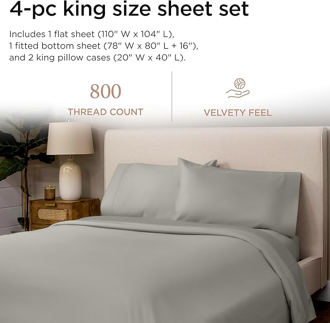 Threadmill Luxury 800 Thread Count King 100% Cotton Sheets - Moonrock Grey Sateen Weave Bed-Sheets, Better Than Egyptian Cotton, 4 Pc Solid Soft Bed Set, Fits 16" Deep Pocket