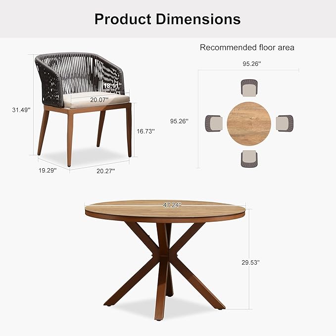 PURPLE LEAF 5 Pieces Outdoor Round Dining Set Patio Oversize Table and Chairs Set Aluminum Rattan Wicker Patio Furniture Set for Lawn Backyard Deck Brown