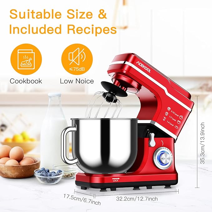 Stand Mixer, 7.5QT 660W Electric Dough Mixer, Kitchen 10-Speed Tilt-Head Food Mixer for Baking&Cake, with Stainless Steel Bowl, Whisk, Dough Hook, Beater, Splash Guard(RED) MC1