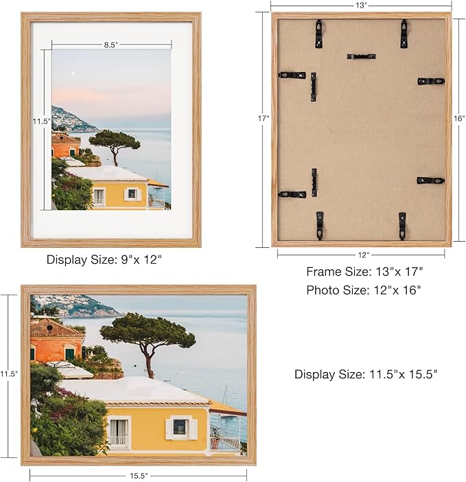 Axeman 12x16 Picture Frame with Mat for 8.5x11, Solid Oak Wood Frame w/Tempered Real Glass, Wooden Certificate Document Frame Horizontal and Vertical Formats for Wall with Wall Hook Included, Natural