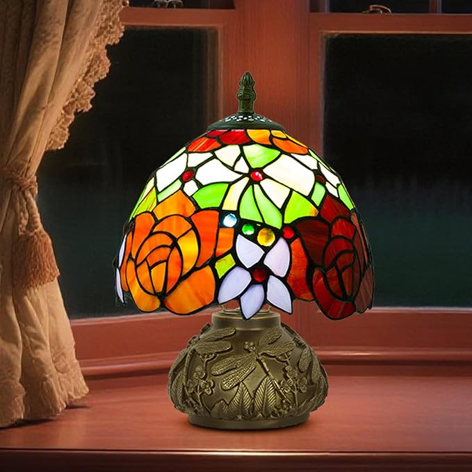 Small Tiffany Stained Glass Lamp, 3 Color Temperatures Bedside Lamp, 8 Inch Mushroom Desk Light for Bedroom Living Room Office Home Decor (Two-Color Rose)