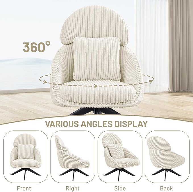 Furniliving Modern Accent Chair Upholstered Swivel Desk Chair for Living Room, Sofa Chair for Bedroom Armchair Side Chair with Headrest Bedroom Chair with Pillow Comfy Corduroy Chairs, Beige
