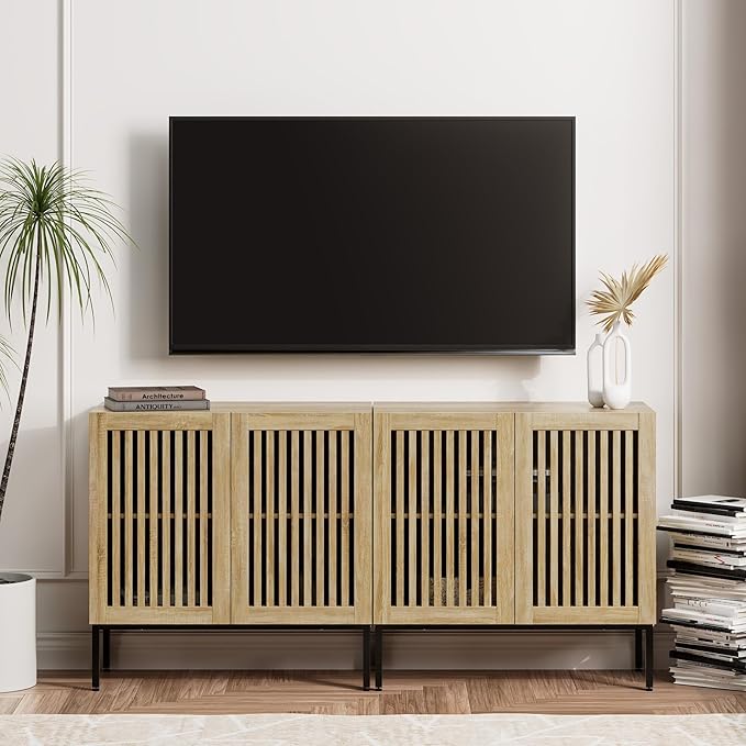 Farmhouse TV Stand for 70 Inch TVs, 2-in-1 Entertainment Center with Storage Cabinets & Metal Base,Oak Media Console for Living Room