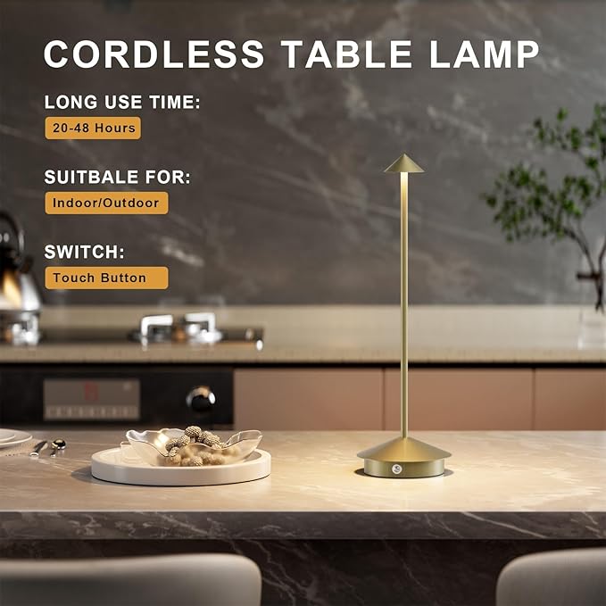 2-Pack 6000mAh Rechargeable Led Table Lamp Cordless,3000K-6000K Stepless Dimming Touch Lamps with Memory Function,IP54 Waterproof Aluminum Table Light for Outdoor/Bars/Restaurant/Patio(Gold)